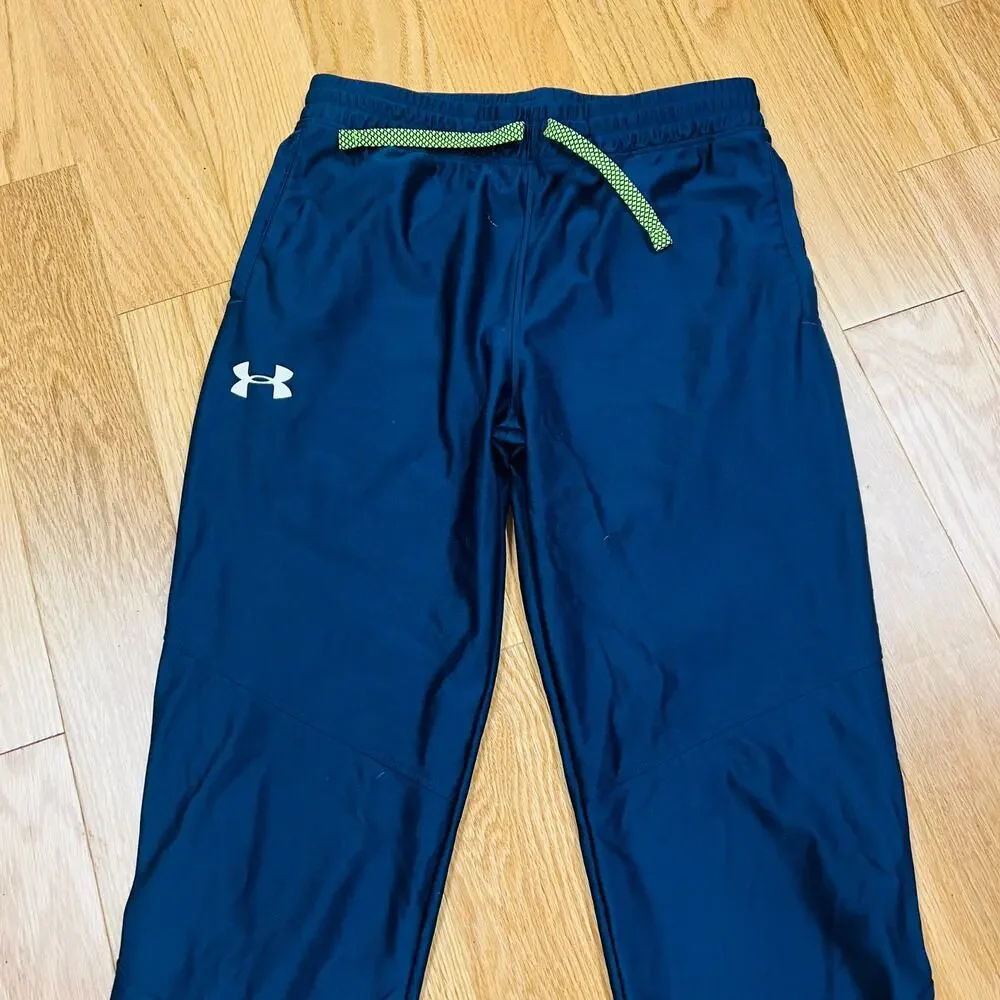 Under Armour Boy's Jogger Pants Athletic Blue Neon Green Heat Gear Fitted Large